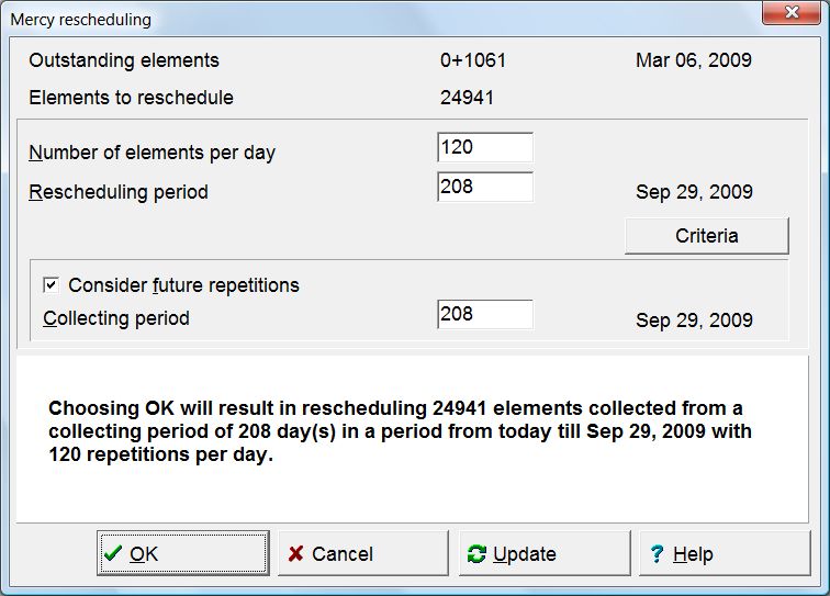 SuperMemo: You can use Mercy to make repetitions before a vacation period, randomize or reschedule outstanding repetitions, etc.