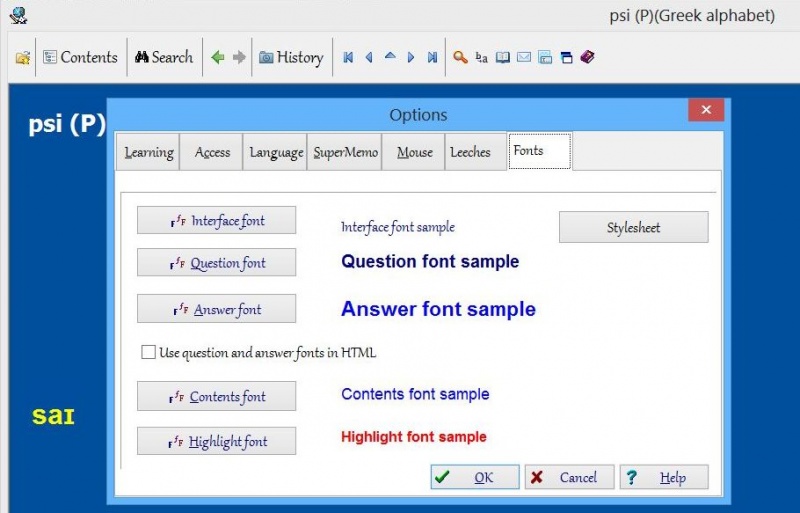 SuperMemo: Tools : Options : Fonts tab