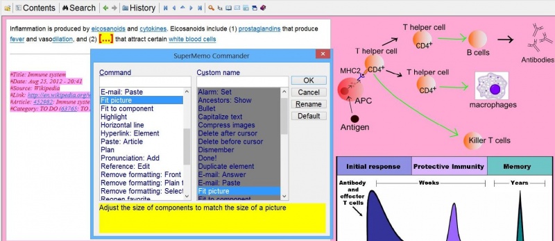 SuperMemo: SuperMemo Commander (available with Tools : Commander; alternatively, and more quickly, with Ctrl+Enter) allows of fast execution of commands via mnemonic keyboard shortcuts