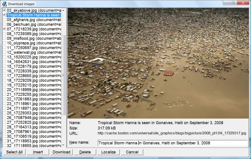 SuperMemo: Download images dialog box that makes it possible for you to get images embedded in local pages imported from the net and put them to the image registry (in the picture: The Year 2008 in Photographs from Boston.com)