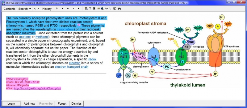 SuperMemo: SuperMemo: The element window displaying an extract produced from a larger article titled Chlorophyll imported from Wikipedia