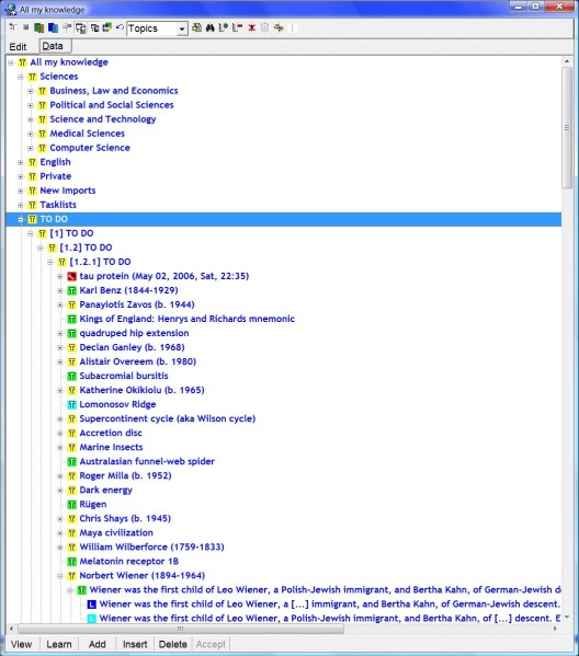 SuperMemo: The contents window displaying the knowledge tree (i.e. the hierarchical structure of elements) of a collection