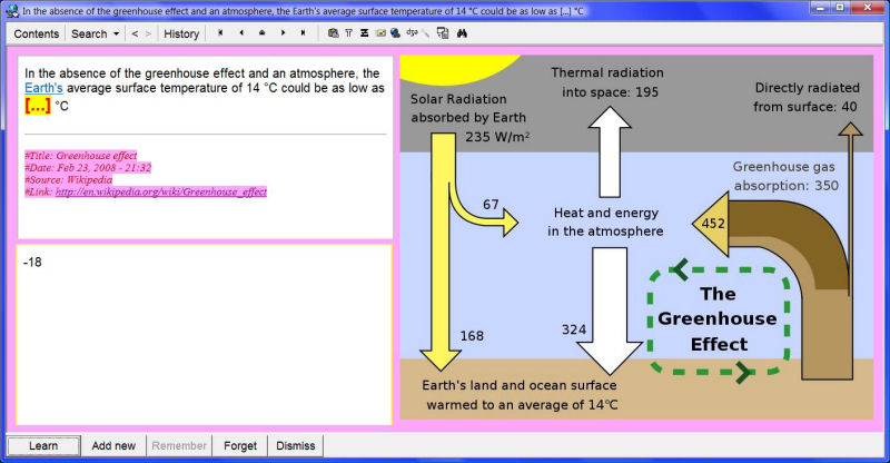 SuperMemo: A question-answer item (in the form of a cloze deletion) forming the final product of incremental reading used in strengthening the memory of a given fact (here: hypothetical temperature on Earth devoid of atmosphere)