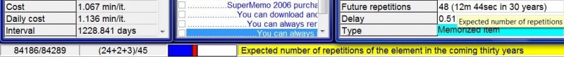 SuperMemo: Status bar displaying what proportion of elements have already been memorized, how many outstanding elements scheduled for the current day have yet to be reviewed or have to be rehearsed yet with the final drill, and hints for menu items, buttons, statistical parameters, etc.