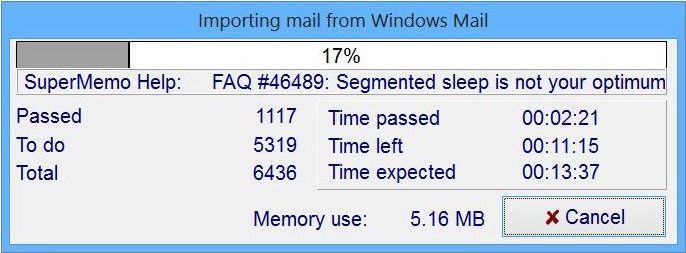 SuperMemo: Progress bar displayed while importing mail
