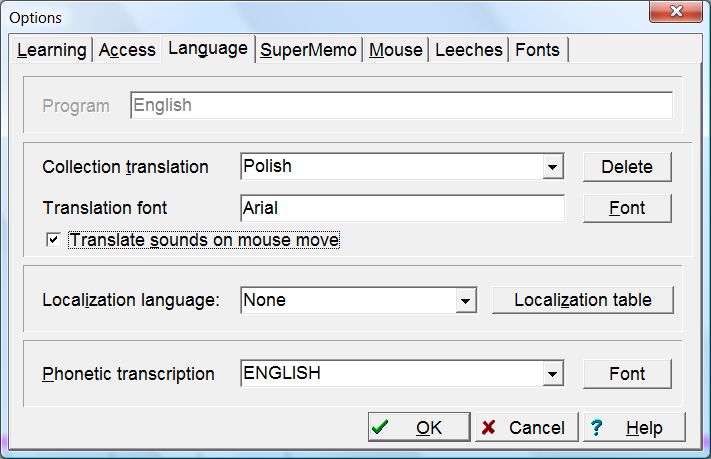 SuperMemo: Tools : Options : Language tab