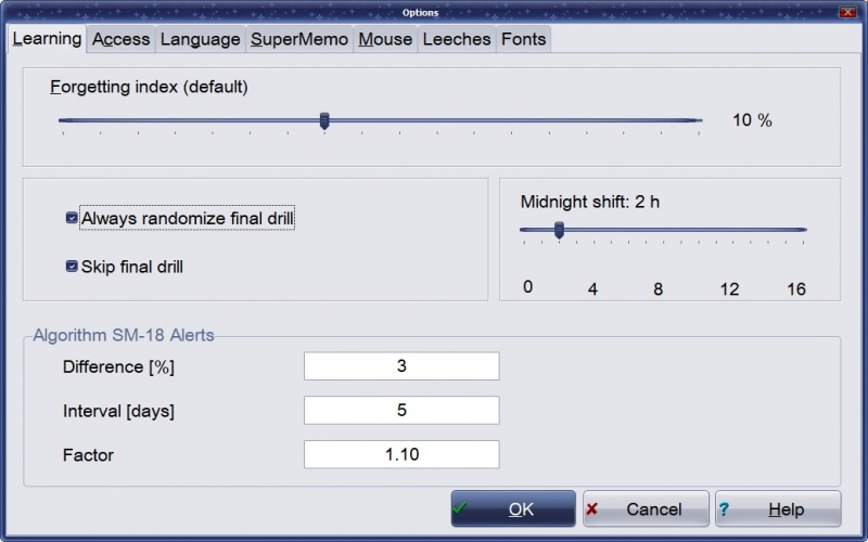 SuperMemo: Tools : Options : Learning tab