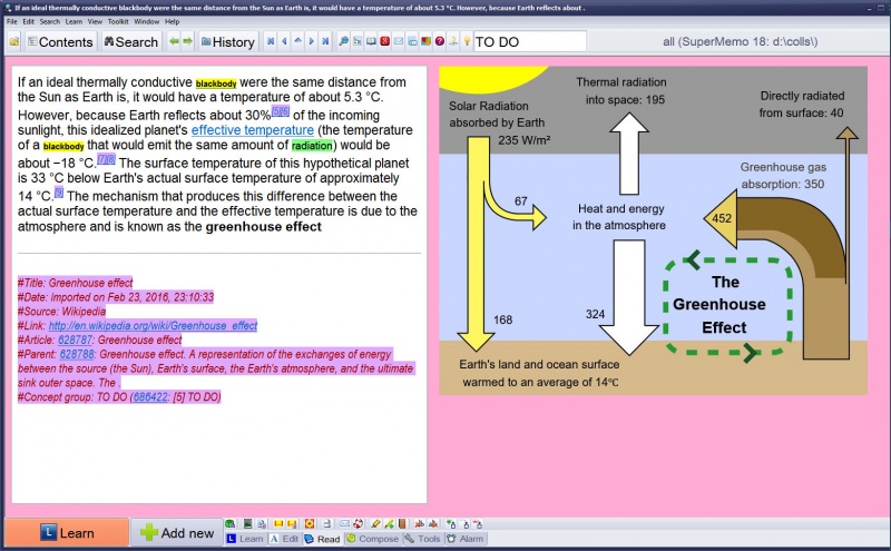 SuperMemo: An extract produced from an article about the greenhouse effect (references (in pink) at the bottom are added automatically)