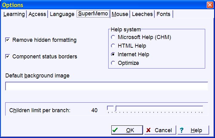 SuperMemo: Tools : Options : SuperMemo tab